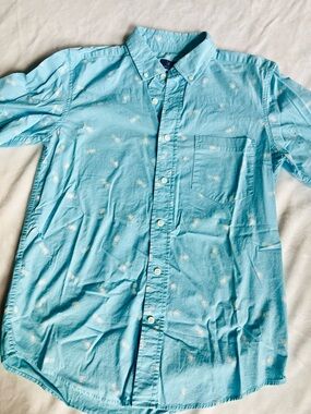Light Blue Short-Sleeve Button-Down Shirt with Subtle White Pineapple Print